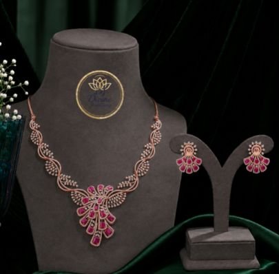 Divine Jewellery Rose Gold Plated American Diamond Necklace Set for Women & Girls with Pink Stone Floral Pendant and Matching Earrings, Designer Party