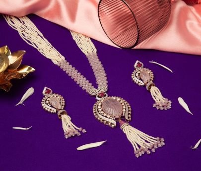 Divine Jewellery Rose Quartz Beaded Pendant Necklace Set with Tassel Earrings