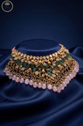 Divine Jewellery Rose Quartz Drop Designer Choker Necklace – Antique Floral Leaf Statement Necklace