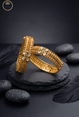 Divine Jewellery Royal Antique Gold Navratna Bangles with Heritage Engraving