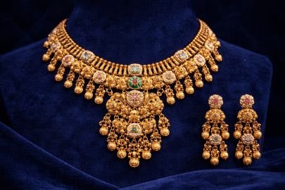 Divine Jewellery Royal Antique Layered Temple Choker Set with Grand Multi-Drop Pendant & Jhumka Earrings in 92.5 Silver with Gold Plating