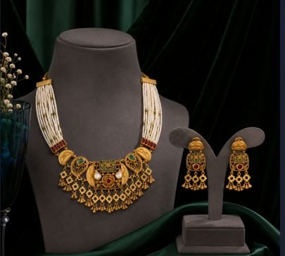 Divine Jewellery Royal Antique Gold Plated Pearl Choker Necklace Set for Women | Traditional Temple Jewellery with Designer Earrings | Ethnic Bridal S