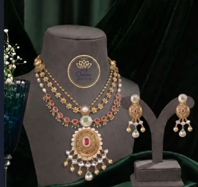 Divine Jewellery Royal Antique Layered Pendant Necklace Set for Women | 92.5 Silver Gold Plated Ethnic Jewellery