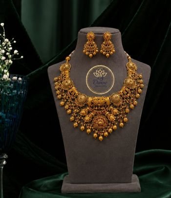 Divine Jewellery Royal Antique Bridal Necklace Set with Earrings for Women | 92.5 Silver Gold Plated Traditional Jewellery