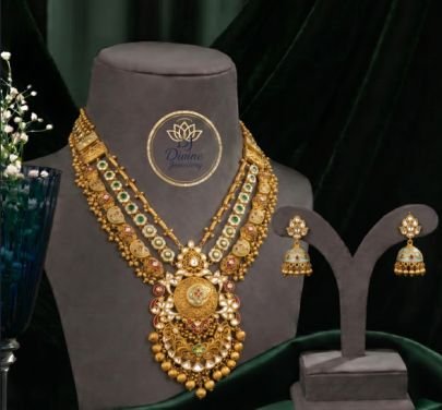 Divine Jewellery Royal Antique Temple Necklace Set for Women | 92.5 Silver Gold Plated Traditional Bridal Jewellery