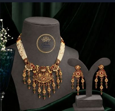 Divine Jewellery Royal Antique Temple Necklace Set with Pearl Mala & Designer Dangling Earrings – Gold Plated Silver Jewellery