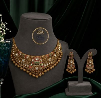 Divine Jewellery Royal Antique Choker Necklace Set with Long Earrings for Women | Gold Plated Silver Bridal Jewellery