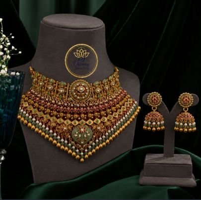 Divine Jewellery Royal Antique Bridal Choker Necklace Set with Jhumka Earrings for Women | Gold Plated Silver Temple Jewellery