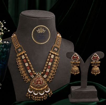 Divine Jewellery Royal Antique Long Haram Gold-Plated 92.5 Silver Bridal Necklace Set with Jhumka Earrings