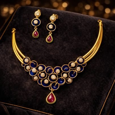 Divine Jewellery Royal Blue Enamel Statement Necklace Set with Crystal Motifs and Ruby Drop Pendant