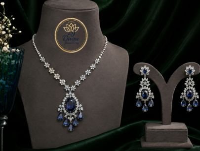 Divine Jewellery Royal Blue Stone Necklace Set for Women | Silver-Tone CZ Bridal Jewellery Set with Matching Earrings | Wedding & Party Wear Collectio