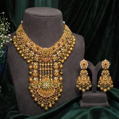 Divine Jewellery Royal Bridal Temple 92.5 Silver Gold Plated Heavy Necklace Set with Statement Pendant and Jhumka Earrings