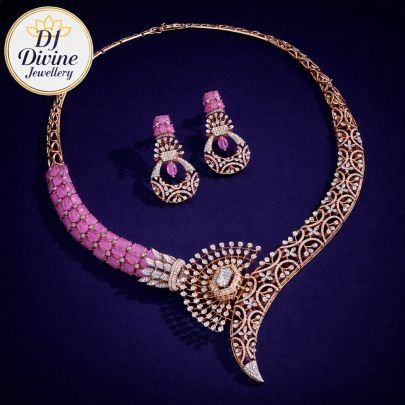 Divine Jewellery Royal Crescent Pink Stone Designer Necklace Set