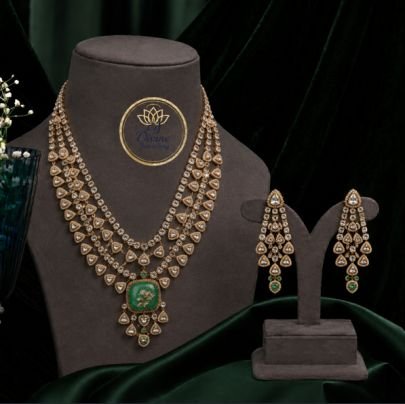 Divine Jewellery Royal Double Layer Kundan Necklace Set with Green Pendant & Long Earrings | 92.5 Silver Base with Premium Gold Plating | Bridal Weddi