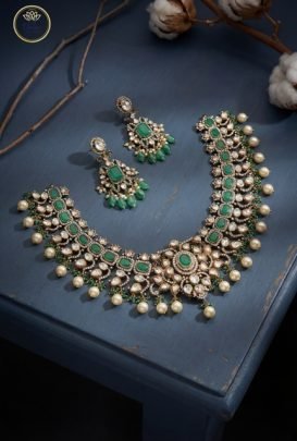 Divine Jewellery Royal Emerald Pearl Bridal Choker Set with Antique Crystal Detailing