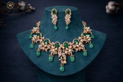 Divine Jewellery Royal Emerald Green Crystal Floral Bridal Necklace Set with Pearl Accents
