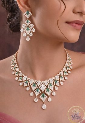 Divine Jewellery Royal Emerald Drop Diamond-Style Necklace Set with Statement Earrings