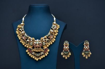 Divine Jewellery Royal Enamel Temple Bridal Necklace Set with Layered Gold Danglers
