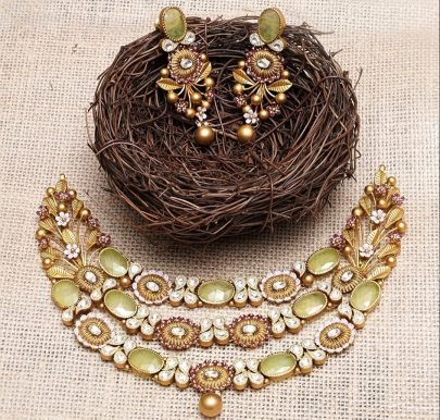 Divine Jewellery Royal Floral Heritage Choker Necklace Set with Green Stones and Kundan Crystal Detailing
