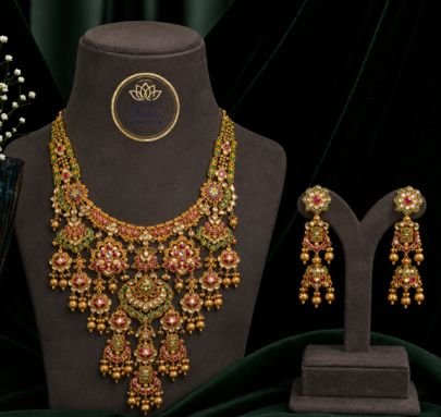 Divine Jewellery Royal Floral Meenakari Bridal Necklace Set with Long Earrings | 92.5 Silver Gold Plated