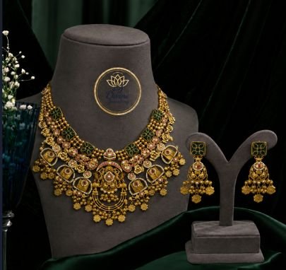 Divine Jewellery Royal Green Antique Necklace Set with Earrings for Women | 92.5 Silver Gold Plated Ethnic Jewellery