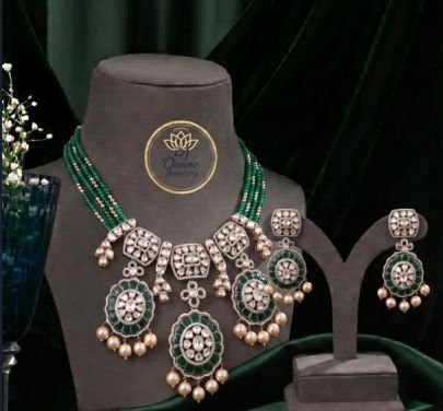 Divine Jewellery Royal Green Kundan Necklace Set for Women | 92.5 Silver Gold Plated Bridal Jewellery