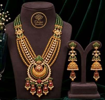 Divine Jewellery Royal Green Layered Haram Necklace Set for Women | 92.5 Silver Gold Plated Bridal Temple Necklace with Jhumka Earrings