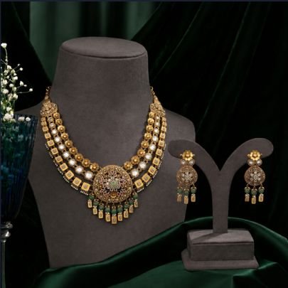 Divine Jewellery Royal Heritage Dual Layer Temple Necklace Set with Green Beads Earrings