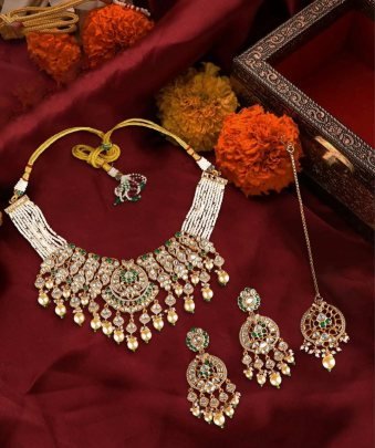 Divine Jewellery Royal Kundan Bridal Choker Set with Pearl Strands, Green Stones and Maang Tikka