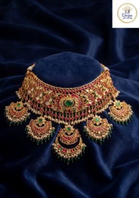 Divine Jewellery Royal Kundan Choker Necklace with Multi Pendant Drops & Green Bead Detailing in 92.5 Silver with Gold Plating