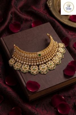Divine Jewellery Royal Kundan Bridal Choker with Emerald Center Stone & Multi-Layer Drop Design in 92.5 Silver with Gold Plating