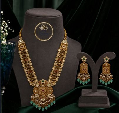 Divine Jewellery Royal Kundan Long Haram Necklace Set with Pearl & Green Bead Earrings