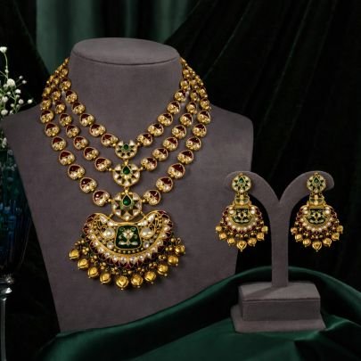 Divine Jewellery Royal Layered Kundan 92.5 Silver Gold Plated Long Necklace Set with Green and Red Stones and Matching Earrings