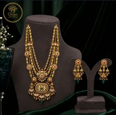 Divine Jewellery Royal Long Haram Gold-Plated 92.5 Silver Bridal Necklace Set with Jhumka Earrings
