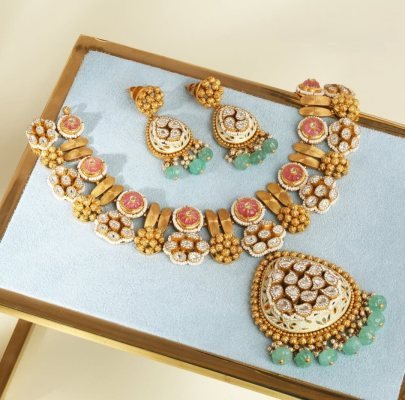 Divine Jewellery Royal Meenakari Kundan Bridal Necklace Set with Green Bead Drops