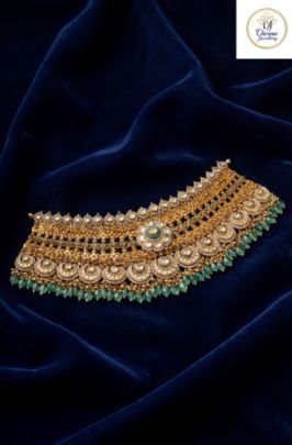 Divine Jewellery Royal Multi-Layer Kundan Choker with Green Bead Fringe & Floral Centerpiece in 92.5 Silver with Gold Plating