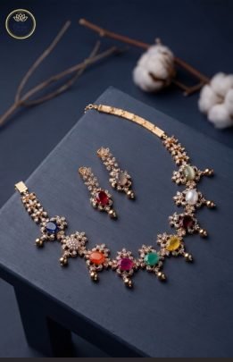 Divine Jewellery Royal Navratna Heritage Floral Necklace Set with Antique Gold Finish