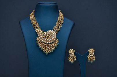 Divine Jewellery Royal Peacock Polki Statement Necklace Set with Green Drop Accents