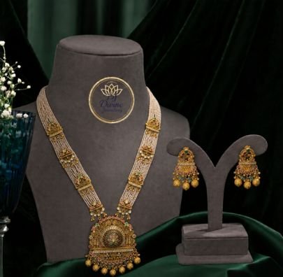 Divine Jewellery Royal Pearl Long Haram Necklace Set for Women | Antique Gold Plated Temple Jewellery | Divine Jewellery