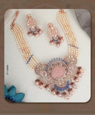 Divine Jewellery Royal Pearl Multi-Strand Necklace Set with Pink Stone Pendant and Crystal Detailing