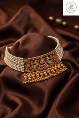 Divine Jewellery Royal Pearl Multi-String Kundan Choker with Peacock Motif & Antique Jhumka Drops in 92.5 Silver with Gold Plating