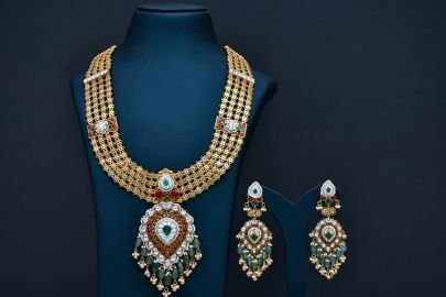 Divine Jewellery Royal Polki Emerald Bridal Long Necklace Set with Multi-Layer Filigree Chain