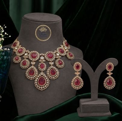 Divine Jewellery Royal Ruby Bridal Necklace Set in 92.5 Silver with Gold Plating & American Diamond Work