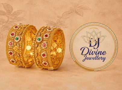 Divine Jewellery Royal Ruby Emerald Kundan Kada Bangles Pair | 92.5 Silver Gold Plated