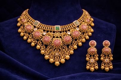 Divine Jewellery Royal Ruby Temple Choker Set with Layered Coin Drops & Jhumka Earrings in 92.5 Silver with Gold Plating