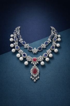 Divine Jewellery Royal Sapphire Pearl Bridal Necklace Set with Ruby Drop & Crystal Floral Detailing
