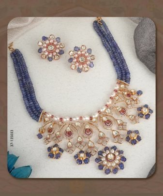 Divine Jewellery Royal Sapphire Beaded Kundan Bridal Necklace Set with Pearl and Floral Drop Charms