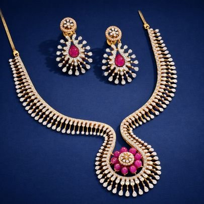 Divine Jewellery Royal Surya Pushp Ruby Drop Bridal Necklace Set with Crystal Fringe Detailing