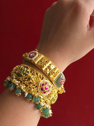 Divine Jewellery Royal Temple Floral Kada with Emerald Bead Fringe