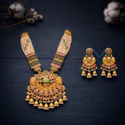 Divine Jewellery Royal Temple Heritage Necklace Set with Green Stone Pendant and Traditional Jhumka Earrings